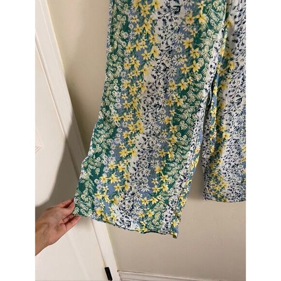 Loft Pants Women's Medium Linen Wide Leg Crop Floral Green Blue Allure Azul - Picture 8 of 10